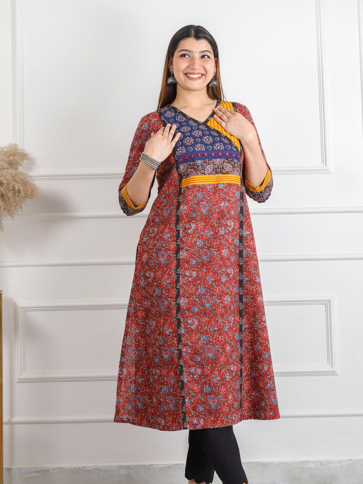 Ruhani Barn Red Kutch Mirror Neck Work Ajrak Print Cotton Kurti