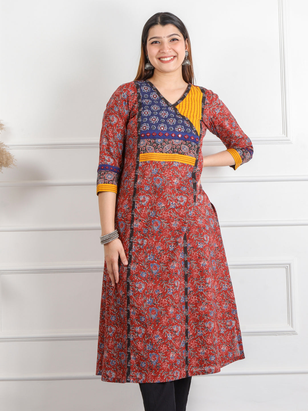 Ruhani Barn Red Kutch Mirror Neck Work Ajrak Print Cotton Kurti