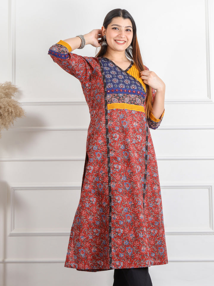 Ruhani Barn Red Kutch Mirror Neck Work Ajrak Print Cotton Kurti