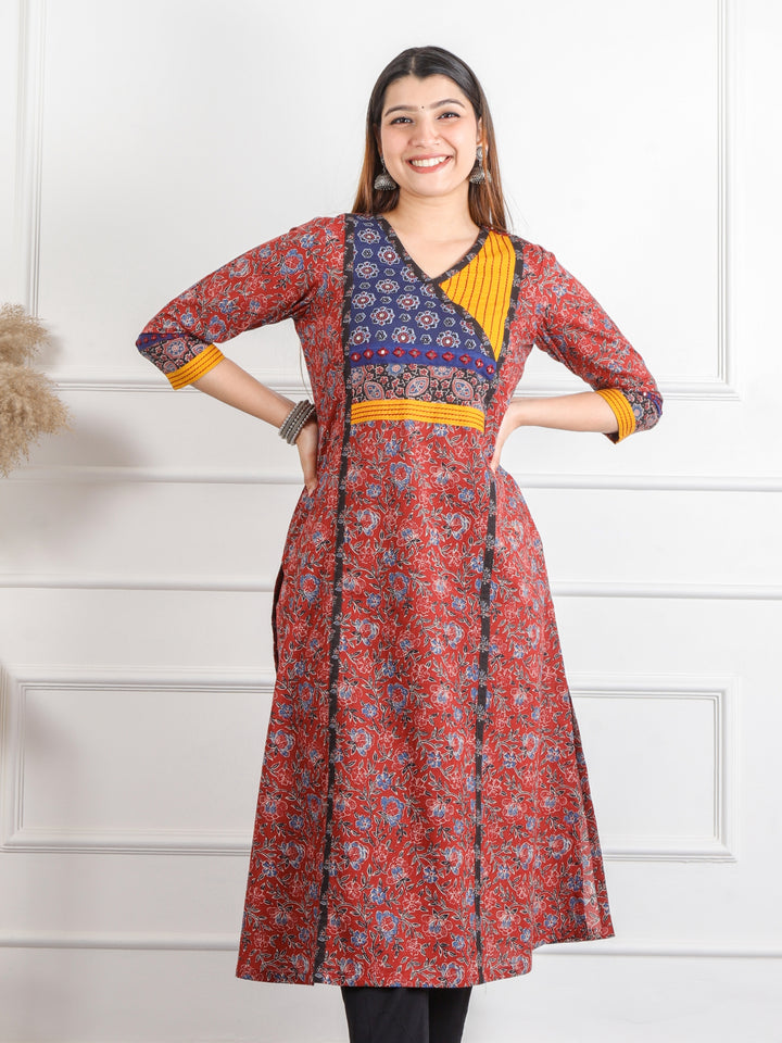 Ruhani Barn Red Kutch Mirror Neck Work Ajrak Print Cotton Kurti