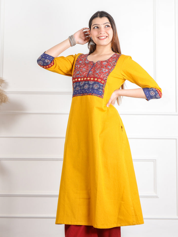 Ruhani Canary Yellow Kutch Mirror Neck Work Ajrak Print Cotton Kurti-D2