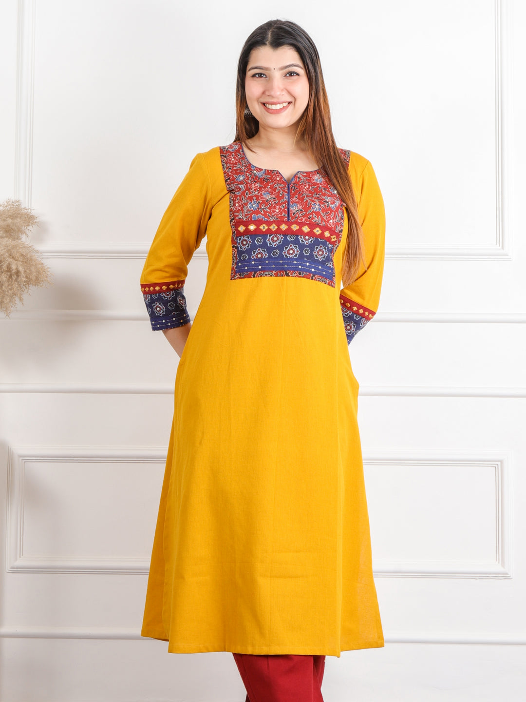 Ruhani Canary Yellow Kutch Mirror Neck Work Ajrak Print Cotton Kurti-D2