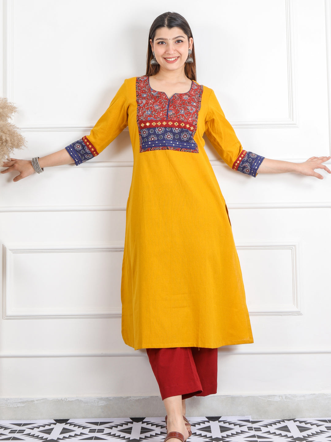 Ruhani Canary Yellow Kutch Mirror Neck Work Ajrak Print Cotton Kurti-D2