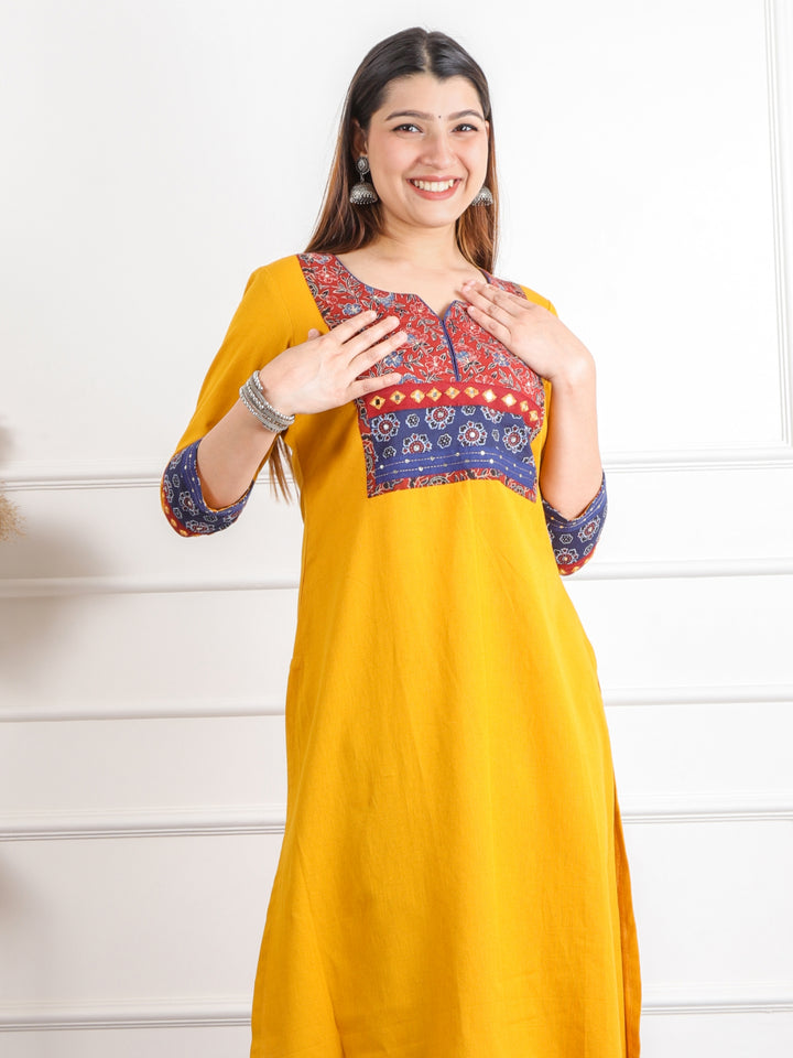 Ruhani Canary Yellow Kutch Mirror Neck Work Ajrak Print Cotton Kurti-D2
