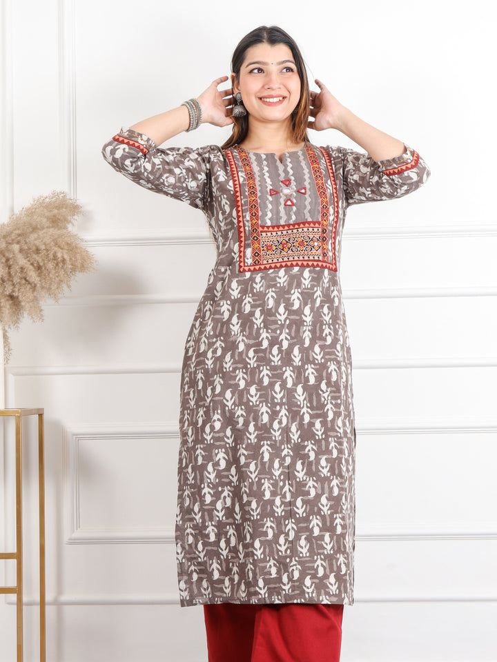 Ghoomar Latte Brown Kutch Mirror Neck Work Ajrak Print Cotton Kurti-D2