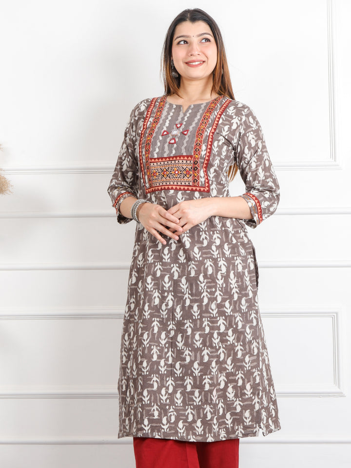Ghoomar Latte Brown Kutch Mirror Neck Work Ajrak Print Cotton Kurti-D2