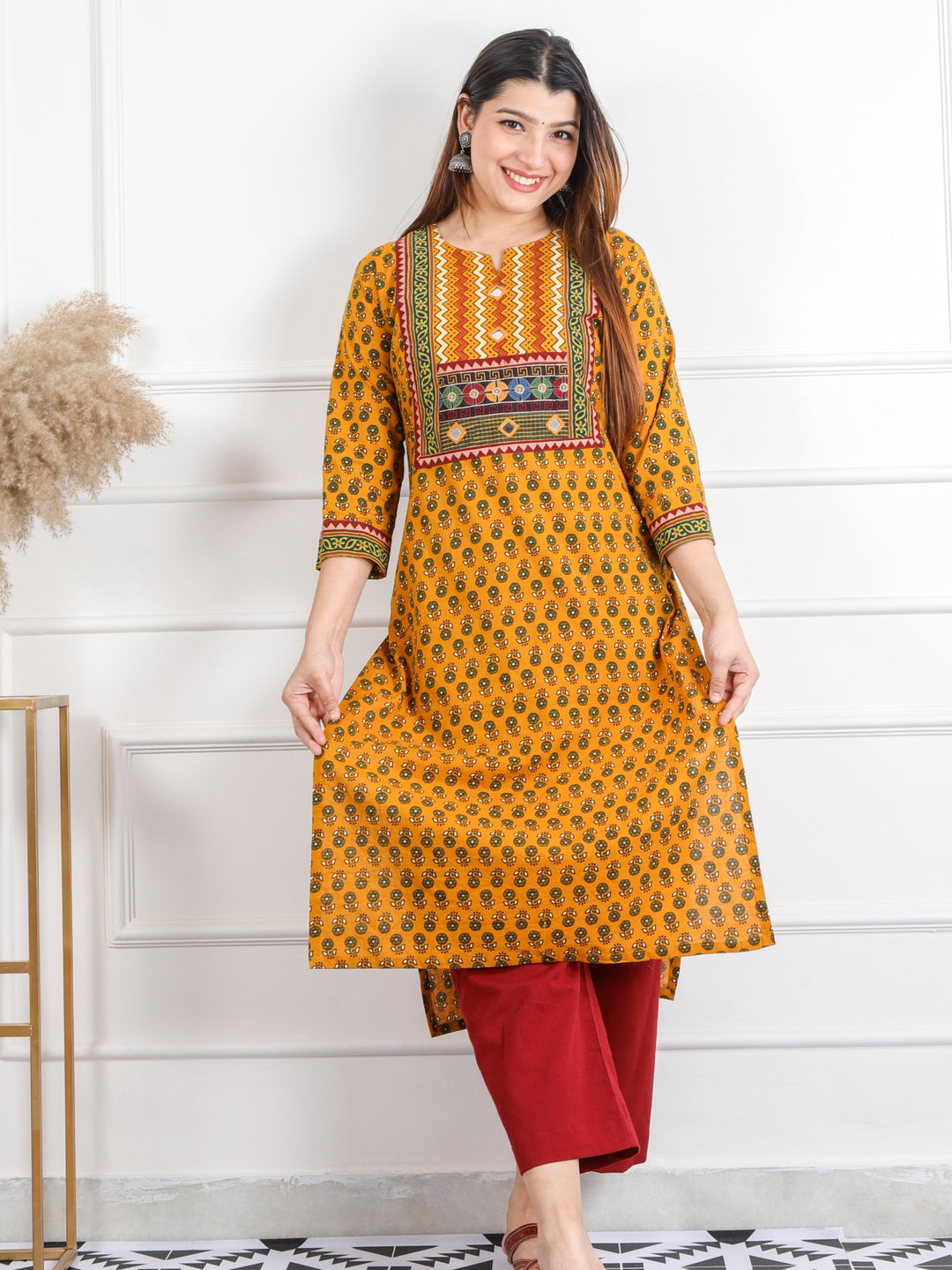 Ghoomar Dandelion Yellow Mirror Neck Ajrak Print Cotton Kurti-D8