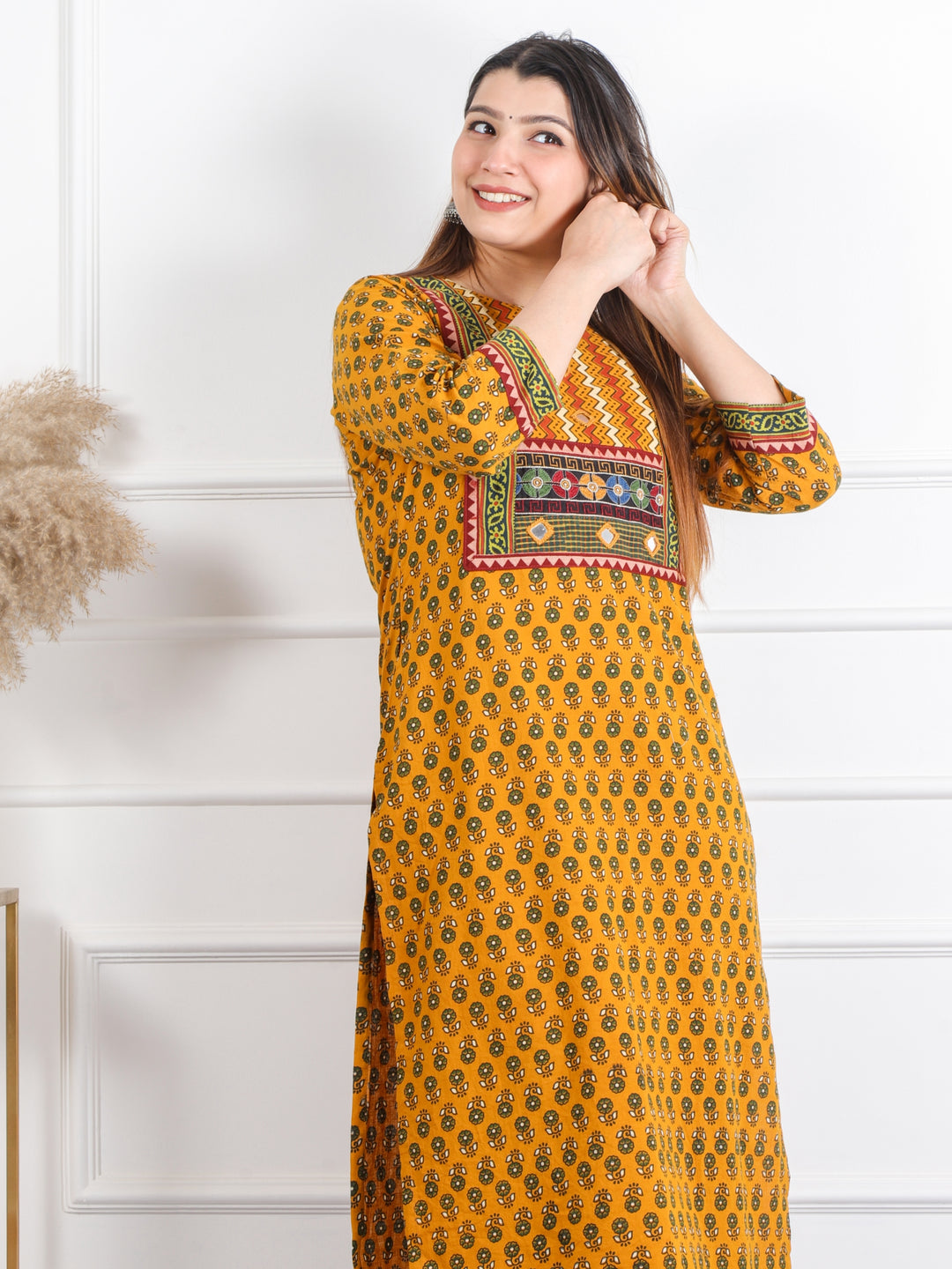 Ghoomar Dandelion Yellow Mirror Neck Ajrak Print Cotton Kurti-D8