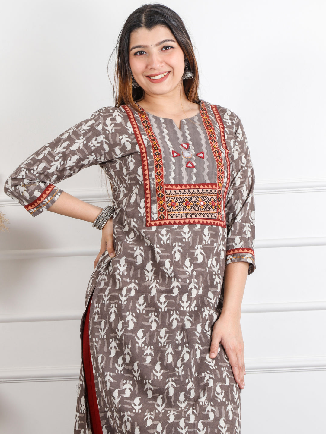 Ghoomar Latte Brown Kutch Mirror Neck Work Ajrak Print Cotton Kurti-D2