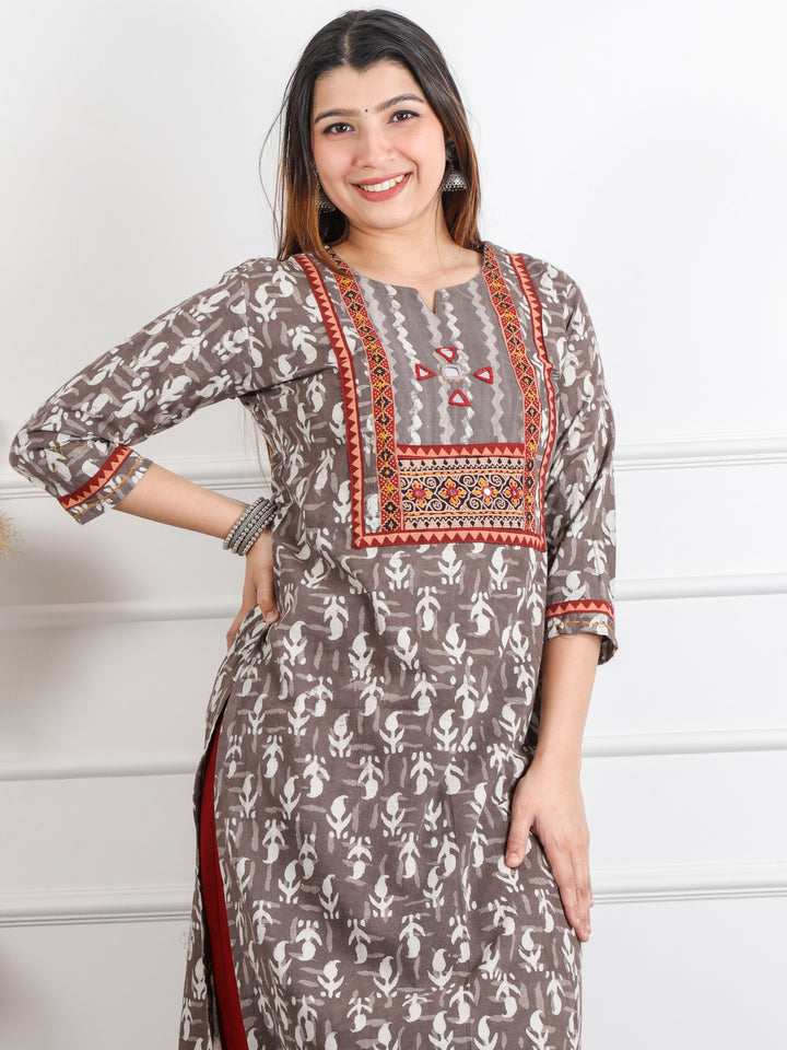 Ghoomar Latte Brown Kutch Mirror Neck Work Ajrak Print Cotton Kurti-D2