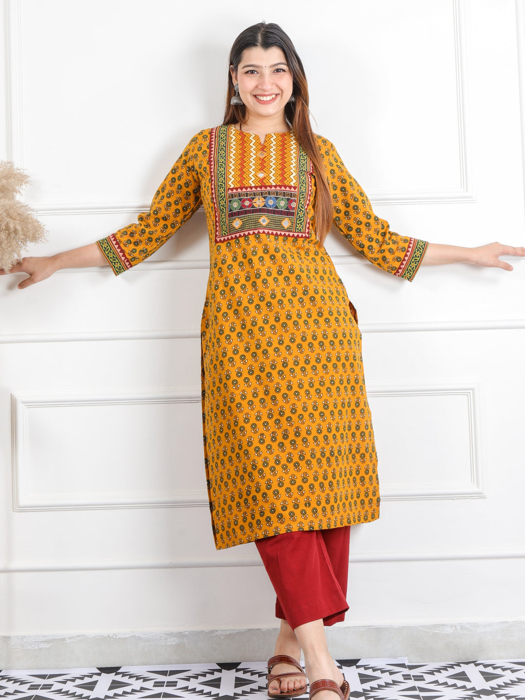 Ghoomar Dandelion Yellow Mirror Neck Ajrak Print Cotton Kurti-D8