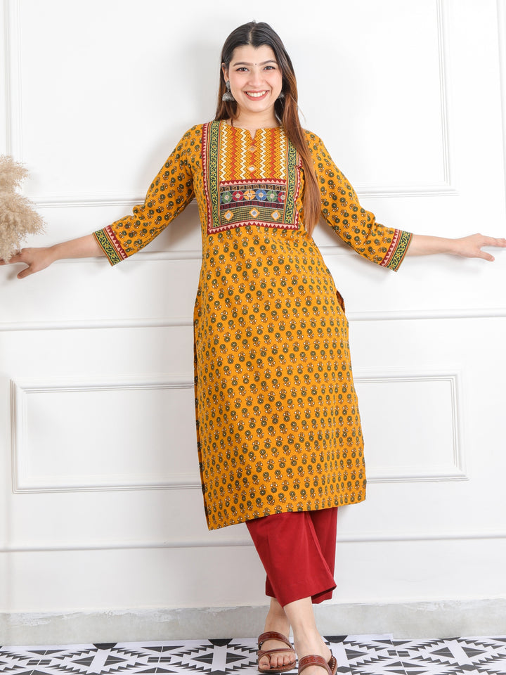 Ghoomar Dandelion Yellow Mirror Neck Ajrak Print Cotton Kurti-D8