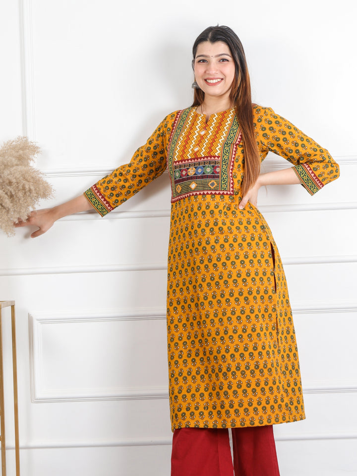 Ghoomar Dandelion Yellow Mirror Neck Ajrak Print Cotton Kurti-D8