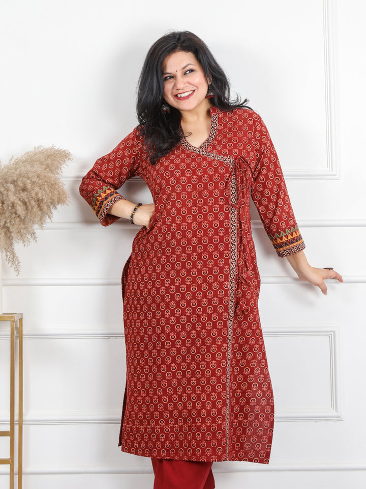 Ghoomer Cherry Red Angrakha Style Neck Work Print Cotton Kurti-D2