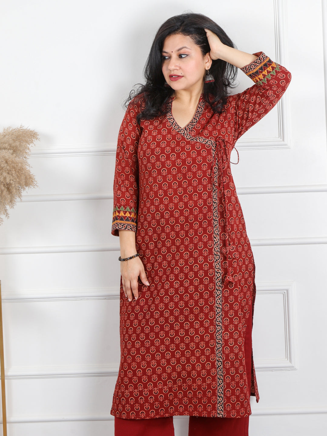 Ghoomer Cherry Red Angrakha Style Neck Work Print Cotton Kurti-D2