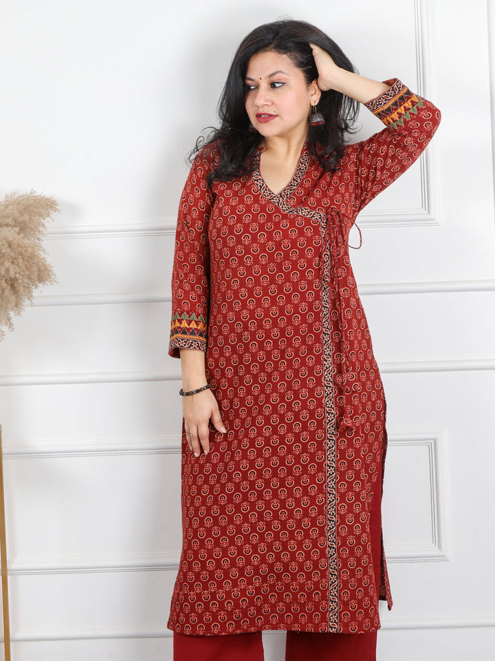 Ghoomer Cherry Red Angrakha Style Neck Work Print Cotton Kurti-D2