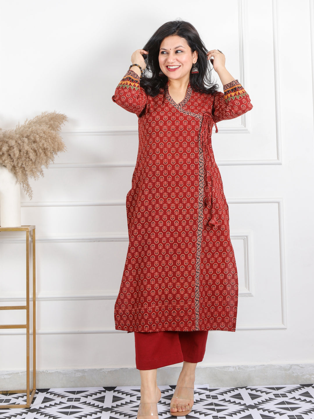 Ghoomer Cherry Red Angrakha Style Neck Work Print Cotton Kurti-D2