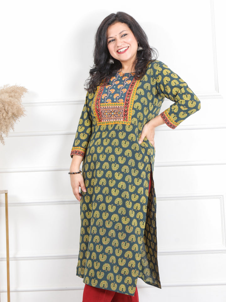 Ghoomer Dark Green Mirror Neck Ajrak Print Cotton Kurti-D12