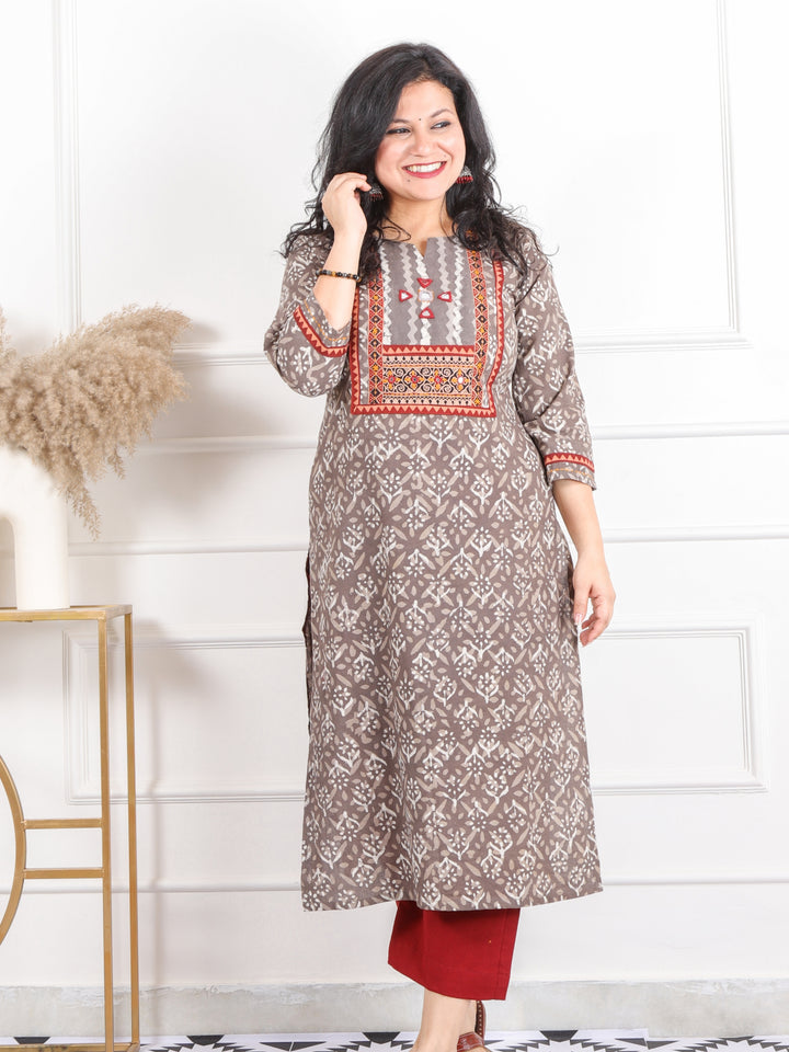 Ghoomar Latte Brown Kutch Mirror Neck Work Ajrak Print Cotton Kurti-D3