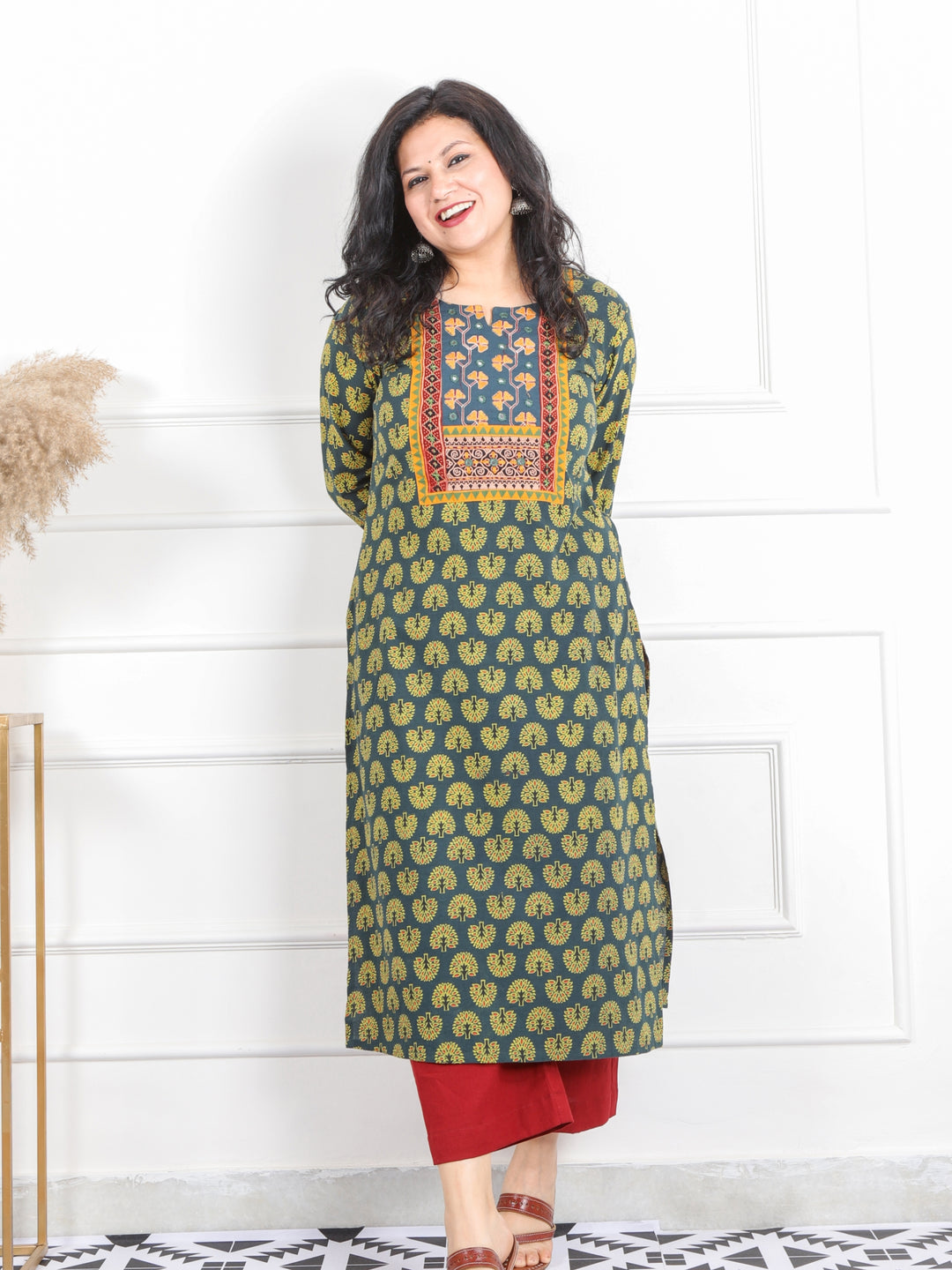 Ghoomer Dark Green Mirror Neck Ajrak Print Cotton Kurti-D12