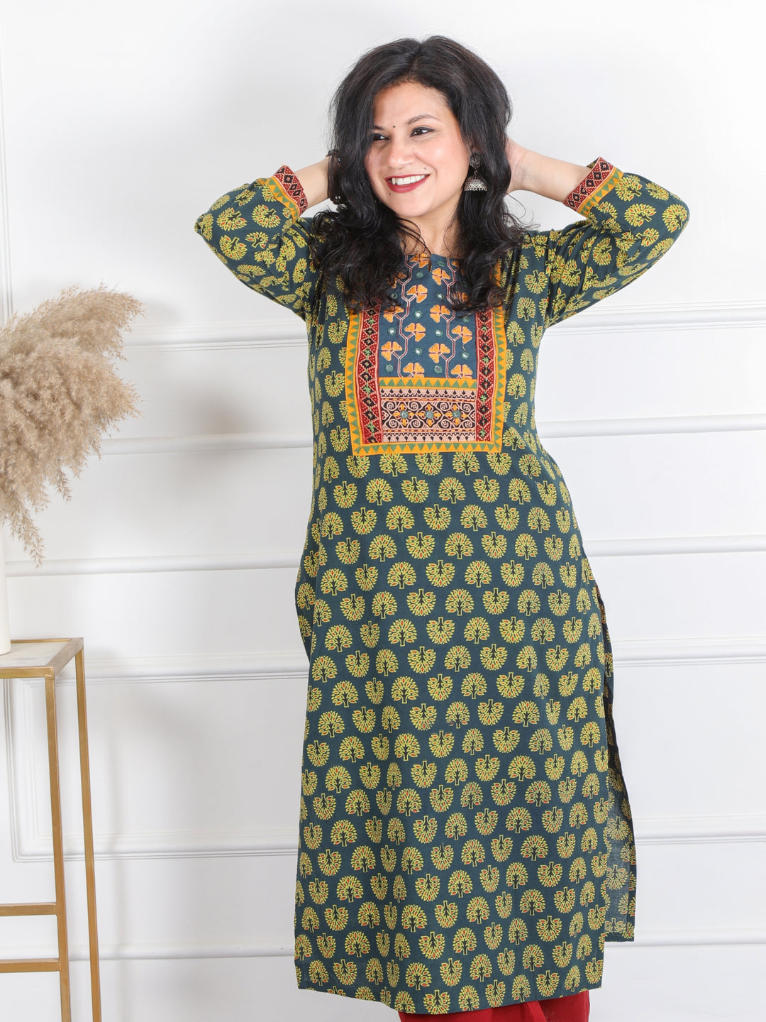 Ghoomer Dark Green Mirror Neck Ajrak Print Cotton Kurti-D12