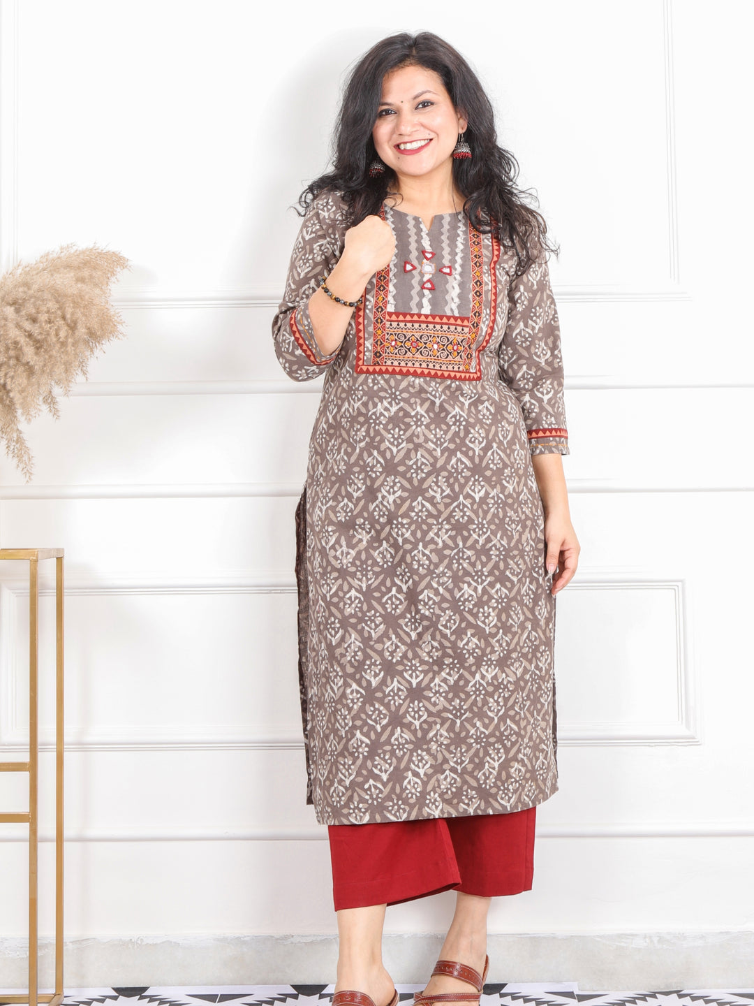 Ghoomar Latte Brown Kutch Mirror Neck Work Ajrak Print Cotton Kurti-D3