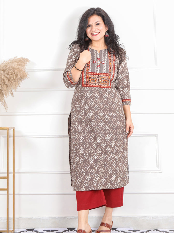 Ghoomar Latte Brown Kutch Mirror Neck Work Ajrak Print Cotton Kurti-D3