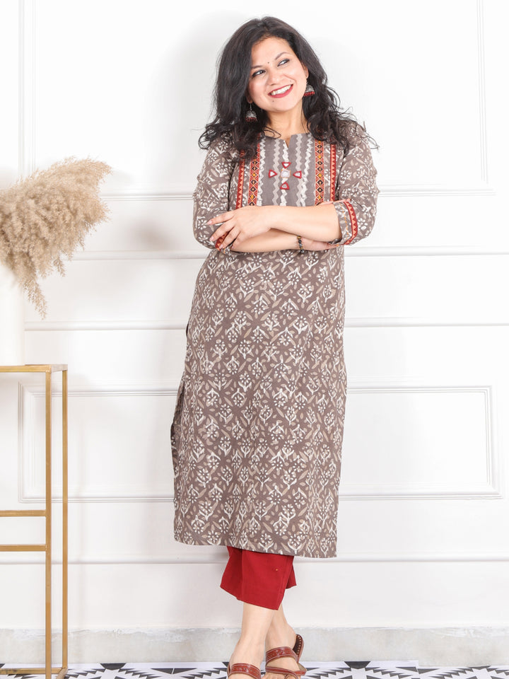 Ghoomar Latte Brown Kutch Mirror Neck Work Ajrak Print Cotton Kurti-D3