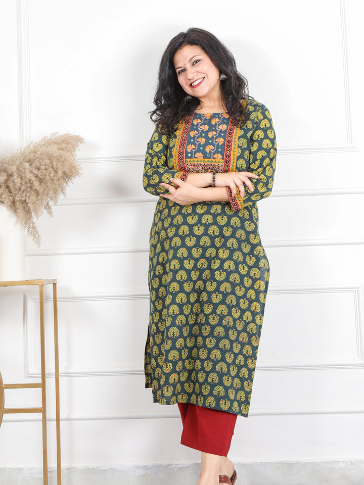 Ghoomer Dark Green Mirror Neck Ajrak Print Cotton Kurti-D12