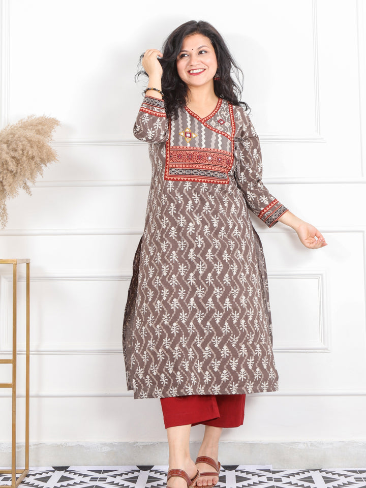 Ghoomar Latte Brown Kutch Mirror Neck Work Angrakha Cotton Kurti-D4