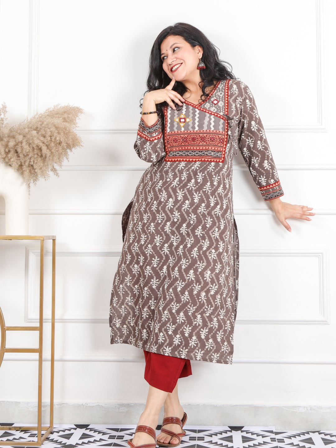 Ghoomar Latte Brown Kutch Mirror Neck Work Angrakha Cotton Kurti-D4