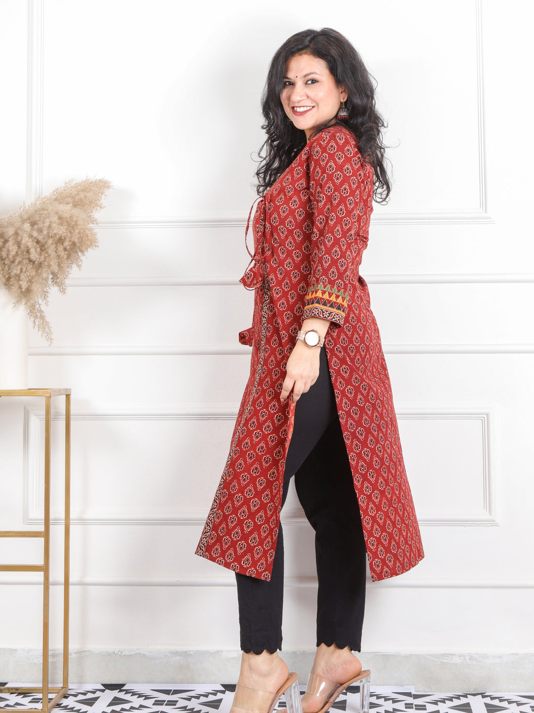 Ghoomer Cherry Red Angrakha Style Neck Work Print Cotton Kurti-D3