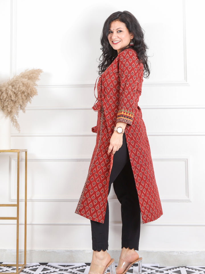 Ghoomer Cherry Red Angrakha Style Neck Work Print Cotton Kurti-D3