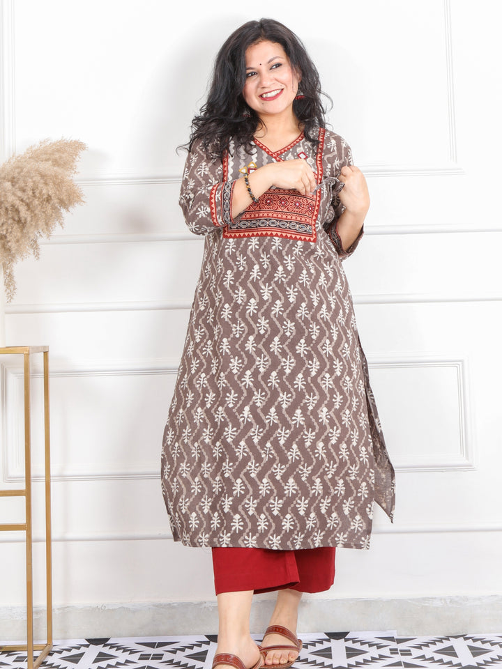 Ghoomar Latte Brown Kutch Mirror Neck Work Angrakha Cotton Kurti-D4