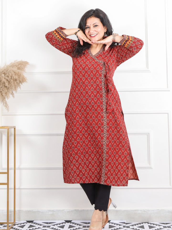 Ghoomer Cherry Red Angrakha Style Neck Work Print Cotton Kurti-D3