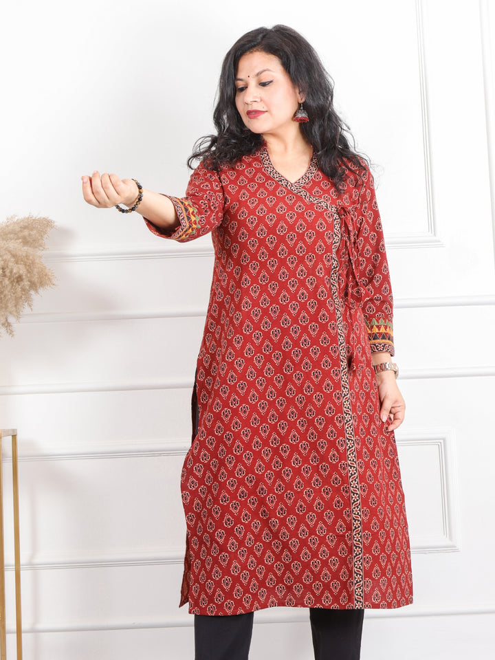 Ghoomer Cherry Red Angrakha Style Neck Work Print Cotton Kurti-D3