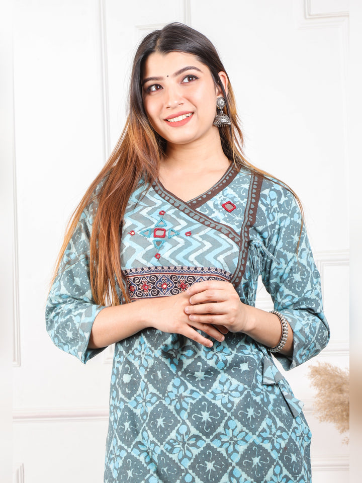 Ghoomar Sky Blue Kutch Mirror Neck Work Angrakha Dabu Cotton Kurti-D1