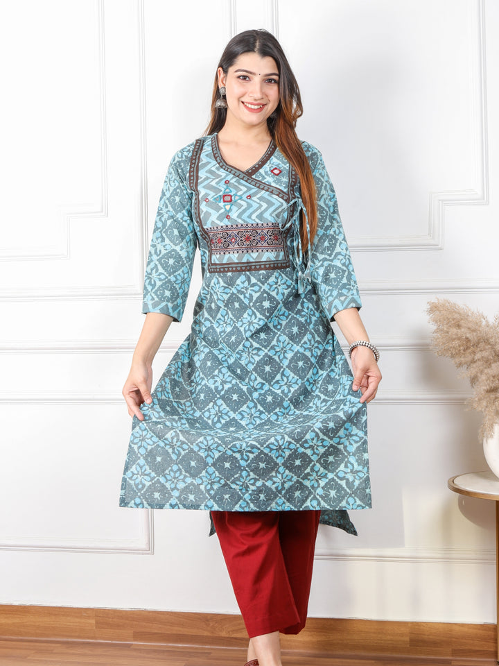 Ghoomar Sky Blue Kutch Mirror Neck Work Angrakha Dabu Cotton Kurti-D1