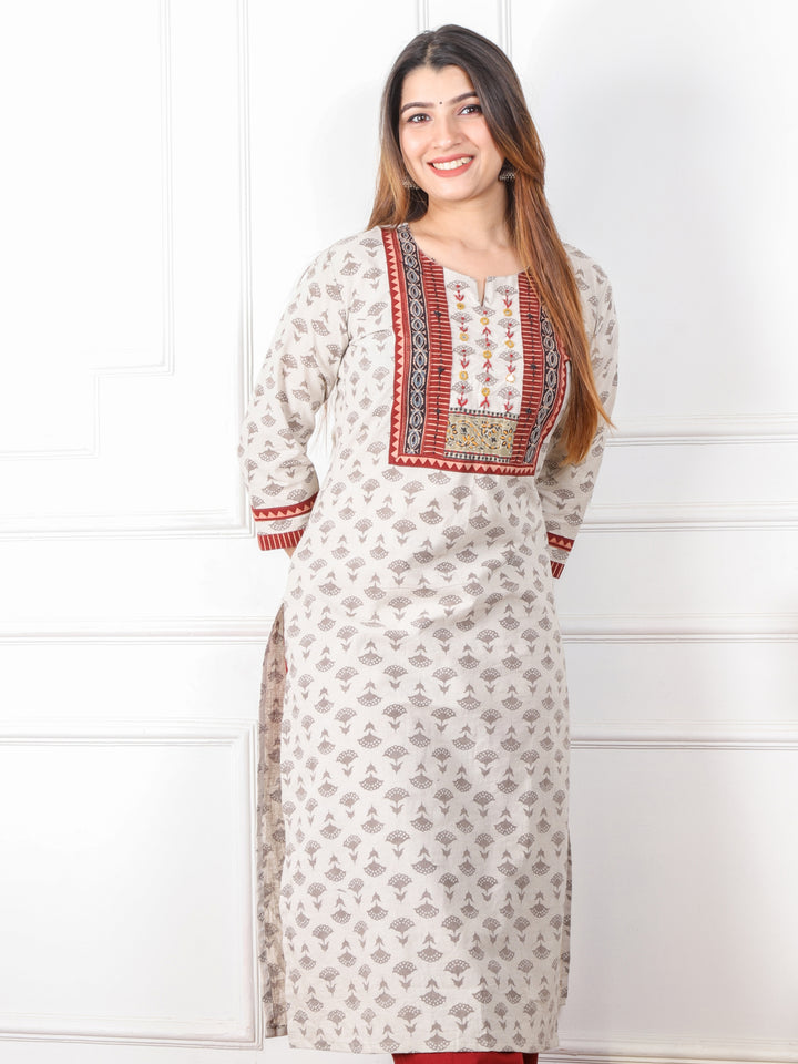 Ghoomar Pearl White Kutch Mirror Neck Work Dabu Cotton Kurti-D1