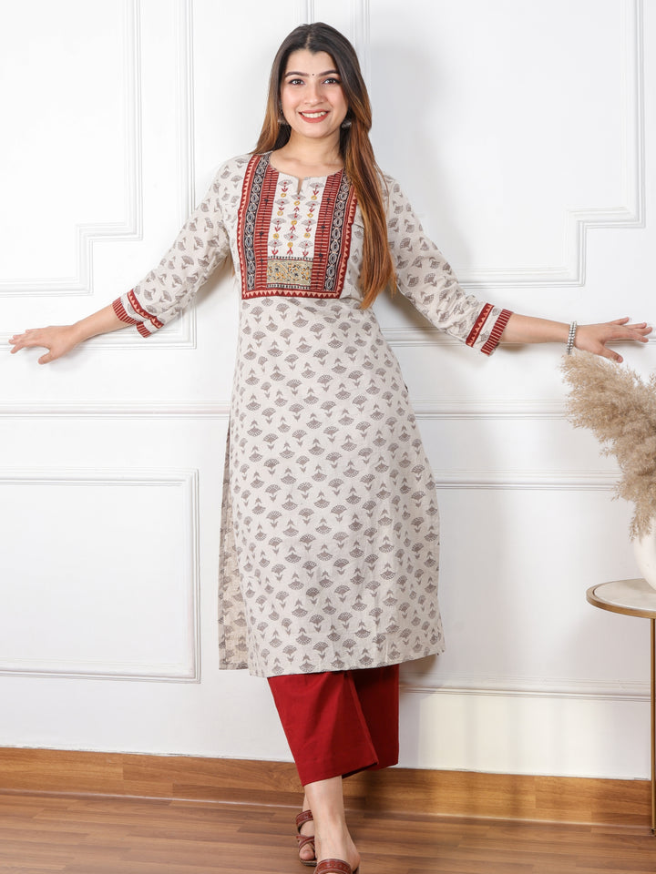 Ghoomar Pearl White Kutch Mirror Neck Work Dabu Cotton Kurti-D1