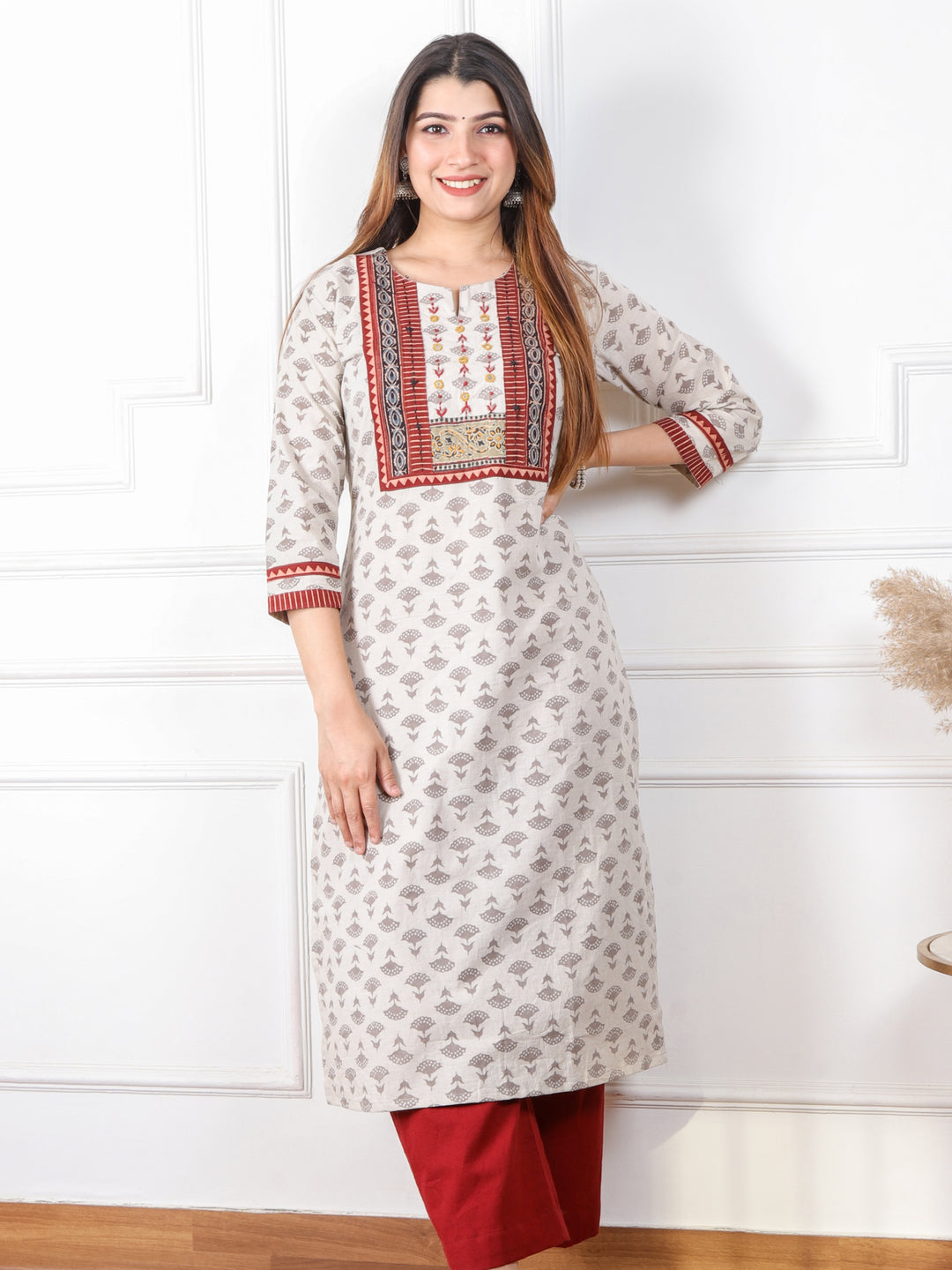 Ghoomar Pearl White Kutch Mirror Neck Work Dabu Cotton Kurti-D1