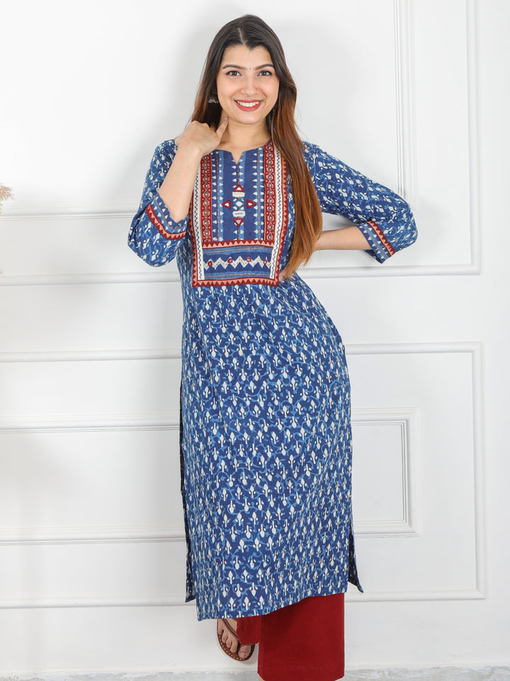 Chaahat Indigo Blue Kutch Mirror Neck Work Ajrak Print Cotton Kurti-D3