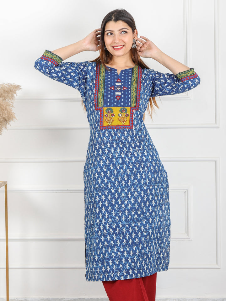 Chaahat Indigo Blue Kutch Mirror Neck Work Ajrak Print Cotton Kurti-D4