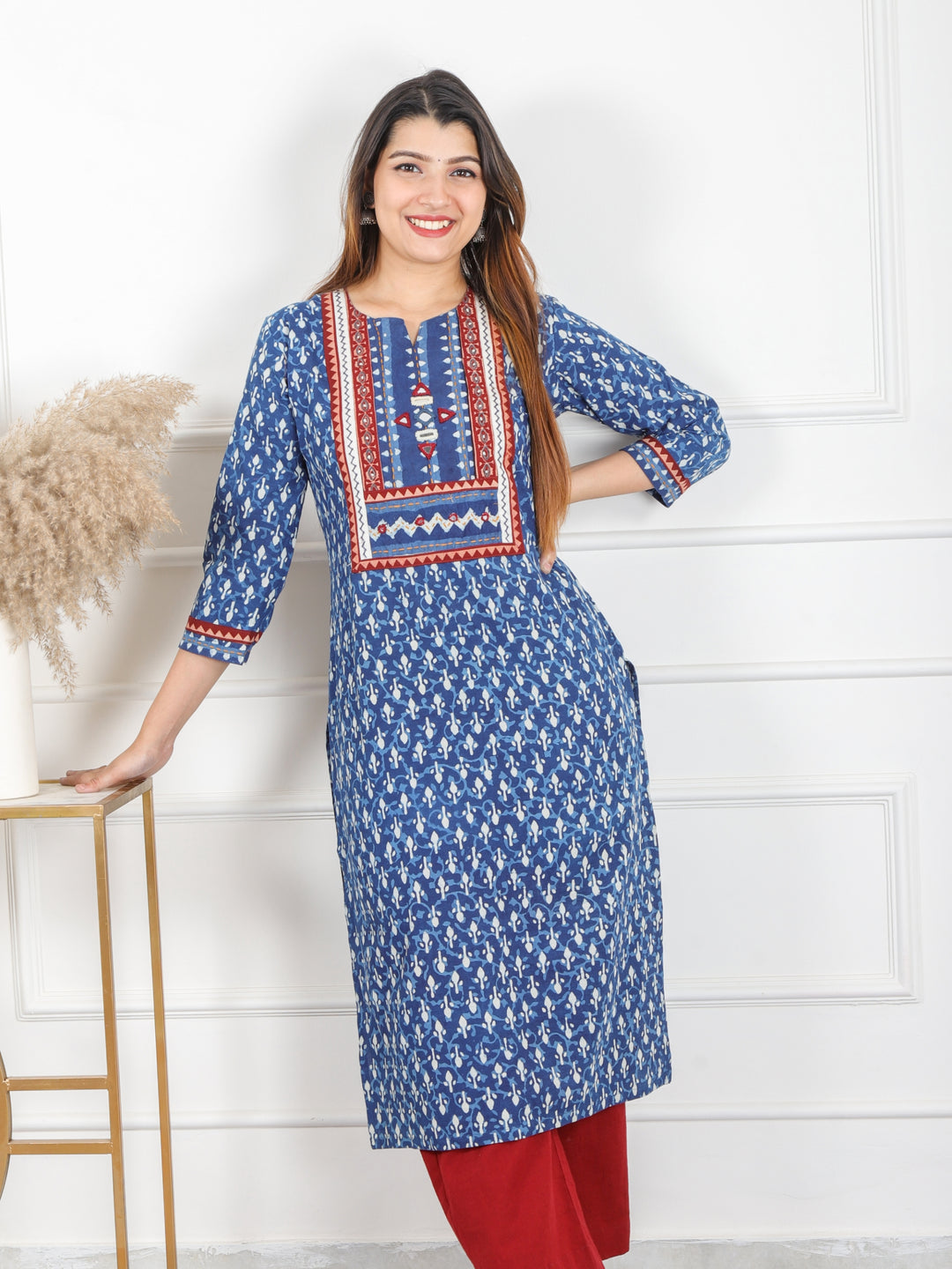 Chaahat Indigo Blue Kutch Mirror Neck Work Ajrak Print Cotton Kurti-D3
