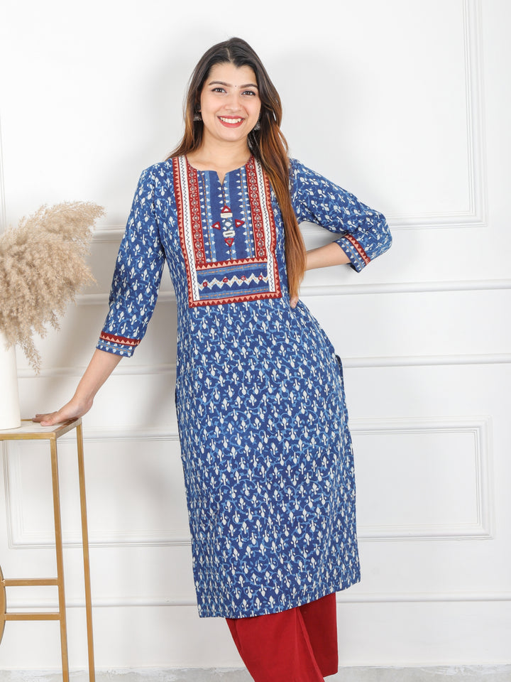 Chaahat Indigo Blue Kutch Mirror Neck Work Ajrak Print Cotton Kurti-D3