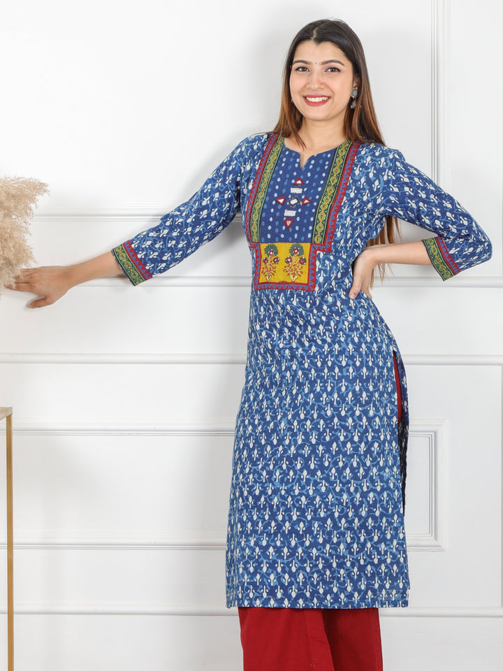 Chaahat Indigo Blue Kutch Mirror Neck Work Ajrak Print Cotton Kurti-D4