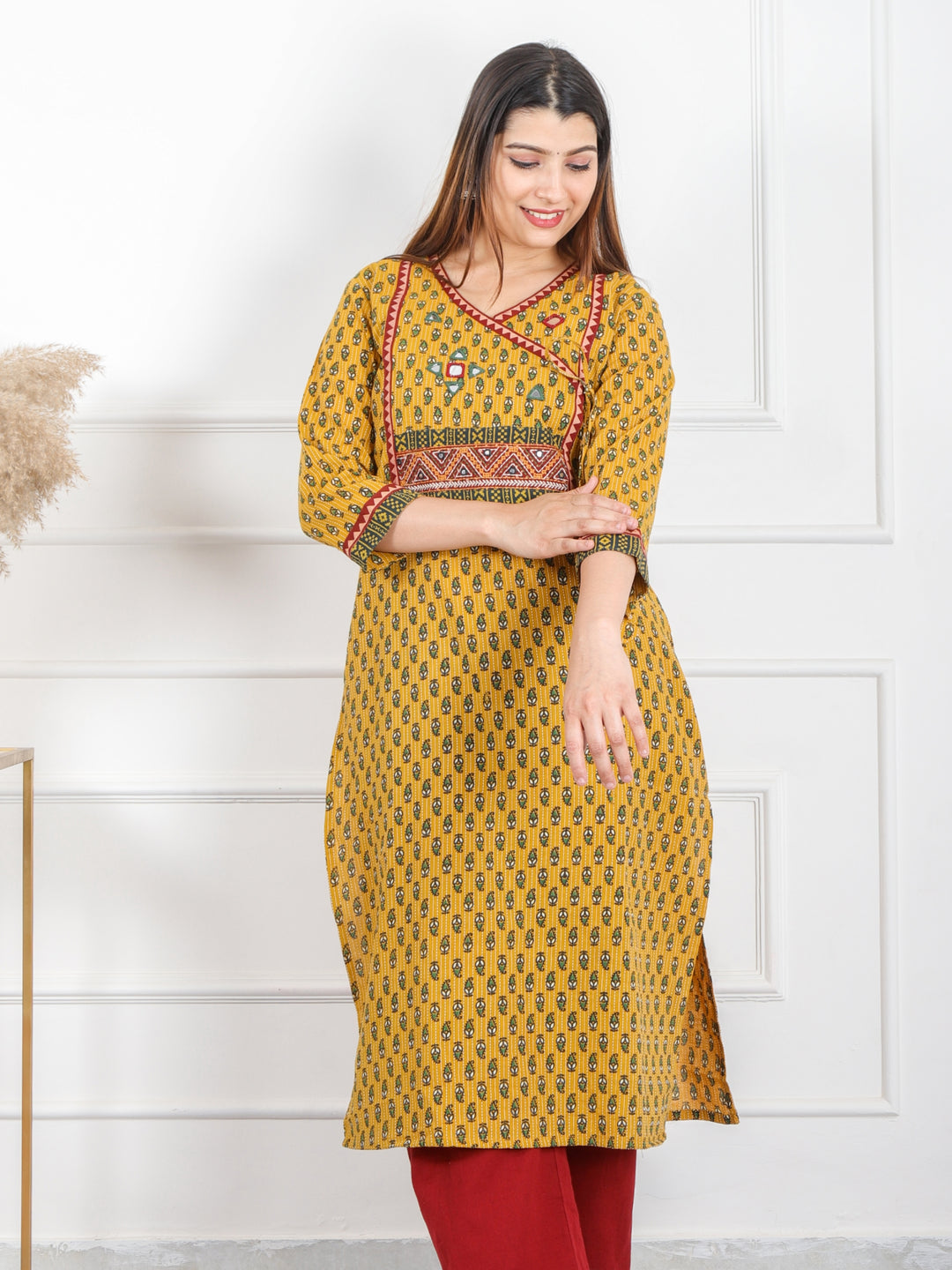 Ghoomer Bright Yellow Angrakha Style Neck Work Print Cotton Kurti-D6