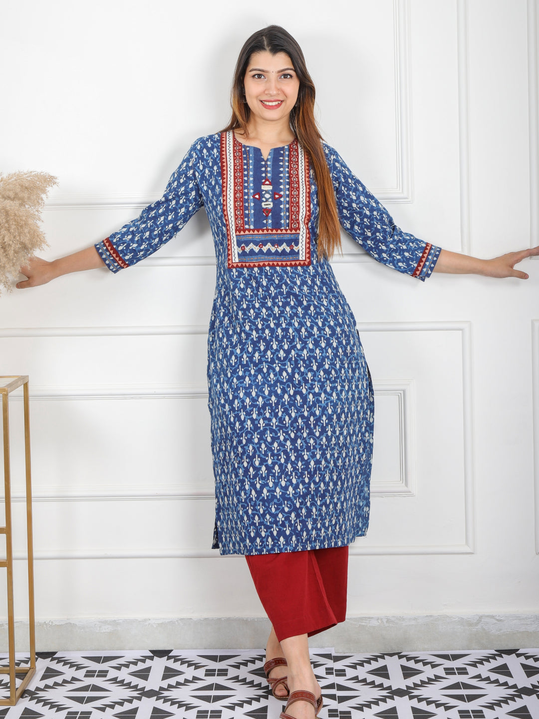 Chaahat Indigo Blue Kutch Mirror Neck Work Ajrak Print Cotton Kurti-D3