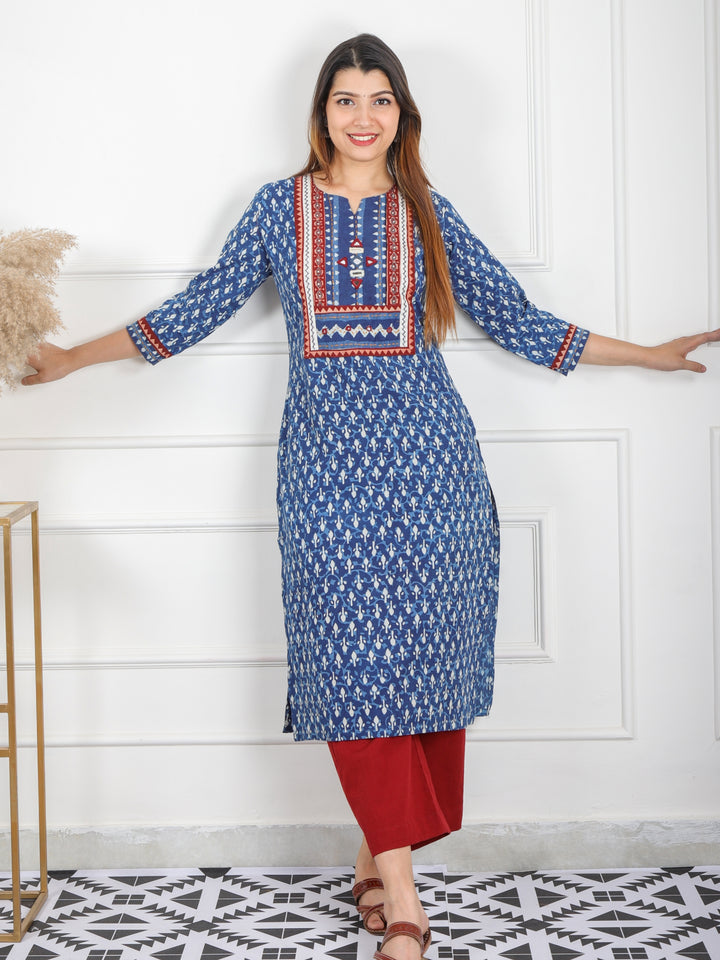 Chaahat Indigo Blue Kutch Mirror Neck Work Ajrak Print Cotton Kurti-D3