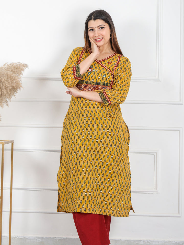 Ghoomer Bright Yellow Angrakha Style Neck Work Print Cotton Kurti-D6